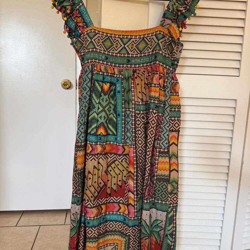 Farm Rio Banana Scarves Yawanawa Embellished Midi Dress